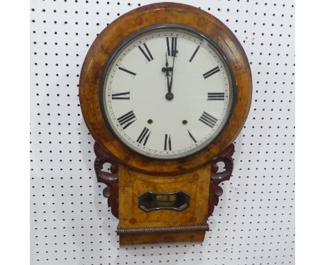 A late Victorian walnut drop-dial Wall Clock, the 12-inch circular dial with Roman numerals, 8-day movement with coil strike,