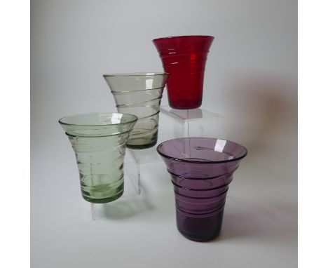 A Barnaby Powell for Whitefriars ribbon-trailed fluted Vase, in aubergine, together with another three in ruby red, sea green