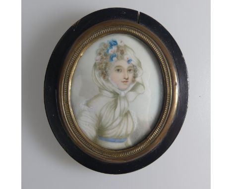 After Jean-Baptiste Isabey (French, 1767-1865), Portrait Miniature of a Lady in white dress and head scarf, watercolour on iv