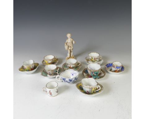 A small quantity of Continental porcelain miniature Teacups and Saucers, each decorated in typical style, one with AR initial