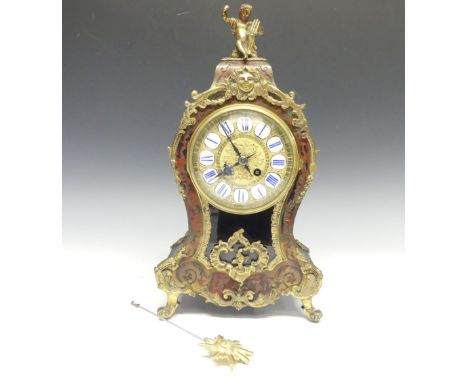 A late 19th century French Boulle work Mantel Clock,&nbsp;the elaborate case with tortoiseshell veneer, brass inlay and gilt 