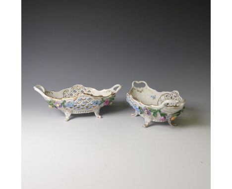 A pair of 20thC Dresden porcelain Baskets, with pierced decorated and flora in relief, factory marks to base, H 8cm x W 14cm 