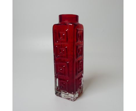 A Geoffrey Baxter for Whitefriars 'Greek Key' Vase, of ruby red colour, H 20cm. 