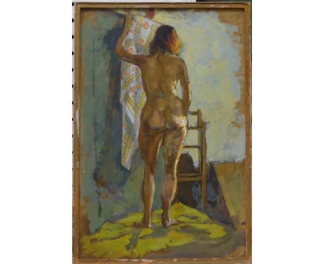 Quentin Bell (British 1910-1996) Nude with towel, oil on board, signed lower right, dated 1973 verso, 38cm x 25cm, framed,&nb