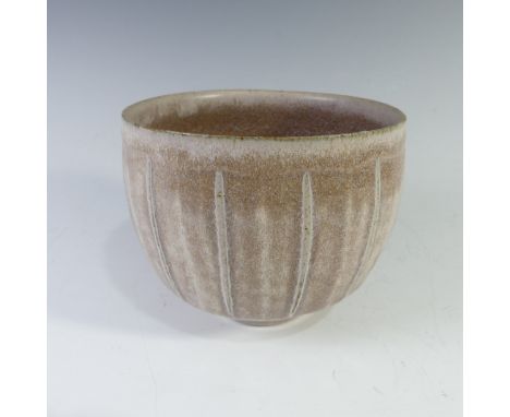 A David Leach studio pottery footed Bowl, of light brown ground with ribbed line decoration, impressed mark to base, H 11cm x