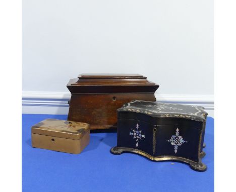 A Victorian black lacquer papier mache Tea Caddy, inlaid with mother of pearl,  W 26.5 cm x H 14 cm x D 18.5 cm, together wit