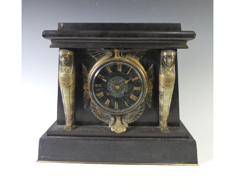 A late Victorian, Egyptian revival black slate and gilt metal Mantel Clock, W 36 cm x H 30.5 cm x D 16 cm. 