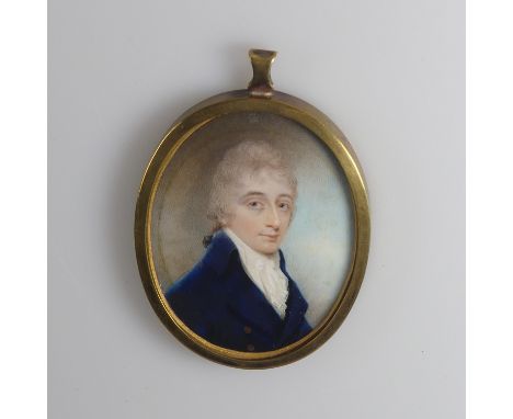 N. Freese (British, active 1794-1814), Portrait Miniature of a Gentleman wearing a blue coat and frilled chemise, stock and c