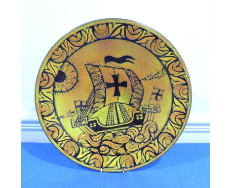 A Poole pottery aegean Charger,&nbsp;in Danish decorated with a viking ship, Diameter 41 cm x Height 6 cm. 