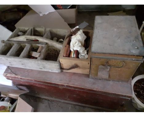 A Victorian pine chest, shoe basket, small tin trunk and a carpenters box 30/50