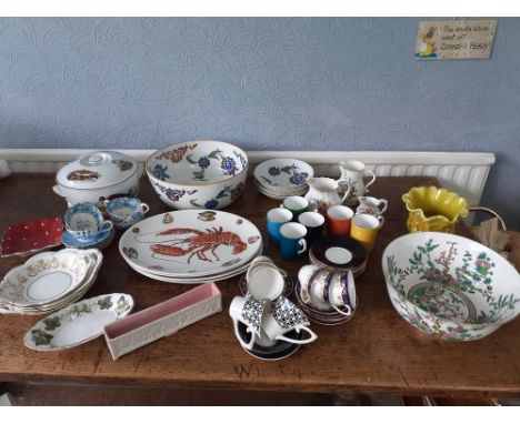 Royal Worcester Palmyra bowl, five matching smaller dishes, four Staffordshire lobster plates, Large Coalport Indian Tree bow