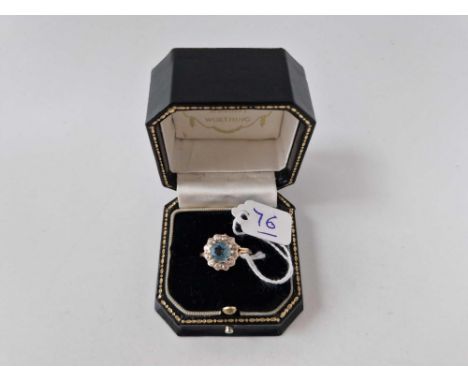 VINTAGE OLD CUT DIAMOND &amp; AQUAMARINE CLUSTER RING 14ct size M 2.9g with paperwork