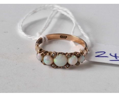Pretty five stone opal ring with red flash of colour set with pearls points 9ct size O 2 gms