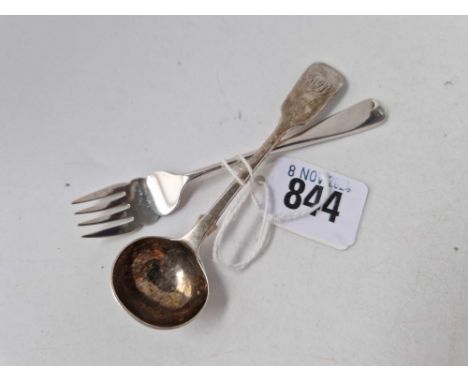 A Victorian fiddle pattern salt spoon, 1863, and a small pickle fork