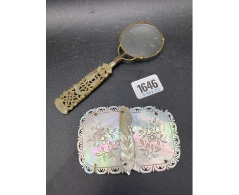 A Carved Jade Handled Magnifying Glass &amp; a Two Part MOP Buckle