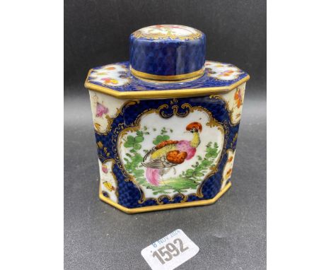 Octagonal Blue Scale Tea Caddy &amp; Cover with Gilt Boarders Pained Bird Panels 5” High