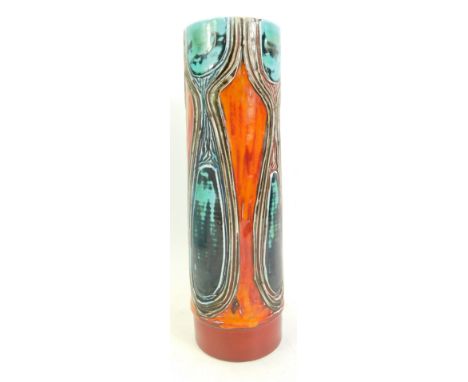 A Poole Pottery Delphis vase, of cylindrical form, with incised hourglass decoration in turquoise, against a red orange groun