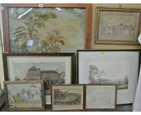 A large 19th century needlework panel of a biblical scene, 77 x 61 cm in wooden frame together with a late 18th century water