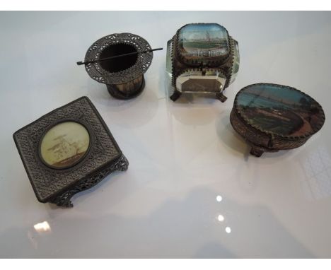 Four Victorian souvenier dressing table boxes, Isle of Wight, Margate Jetty, Franco British Exhibition and York Minster, toge