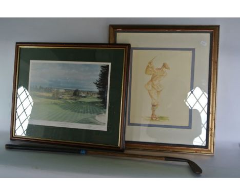 Two vintage golf clubs together with a framed print after a watercolour depicting a golfer in late 19th/early 20th century dr