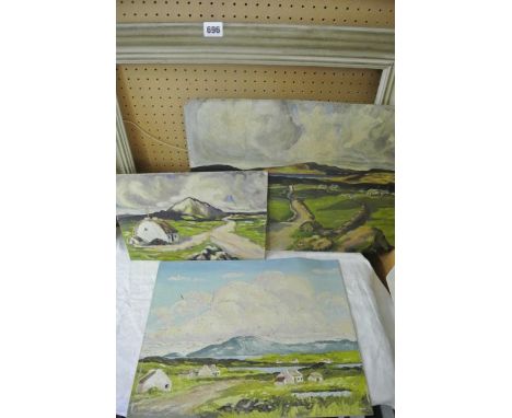 A collection of three 20th century oil paintings on board of Irish landscapes with whitewashed cottages, distant mountains, e