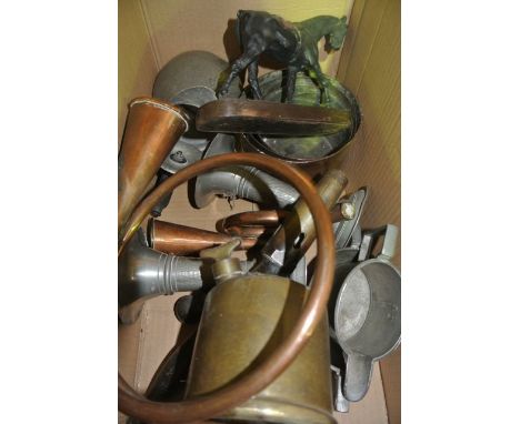 Two copper hunting horns of usual form, each bearing a brass collar together with an English hammered pewter lidded jug, furt