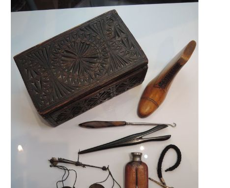 A primitive carved pine box with geometric detail with treen shoe, watch key with hair chain, small 19th century beam scales,