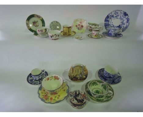 A quantity of 19th century and other ceramics comprising decorative cups and saucers including blue and white printed chinois