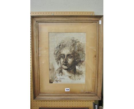A 19th century (?) sepia ink and wash study, shoulder length portrait of a curly haired young man, indistinctly signed Hollan