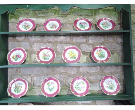 A set of twelve late 19th century dessert plates with painted botanical sprays within pink and gilt borders, subjects includi