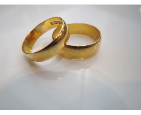 A 22ct gold wedding band, Birmingham, 1891, 3.2g, size P; and a 22ct gold wedding band, Birmingham, 1915, 5.2g, size R (2)