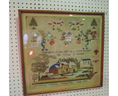 A framed and glazed 19th century sampler depicting a rural cottage scene set amongst trees, text reading 'Together Let Us Liv