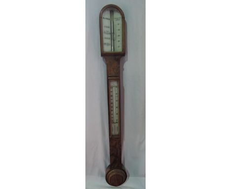 A mid Victorian period stick barometer in a figured walnut case with glass dials, R & J Beck - Philadelphia and London