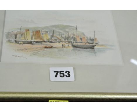 A pair of early 20th century studies of coastal scenes with beached fishing boats, etc, signed W E Croxford, 11 x 16 cm in gi