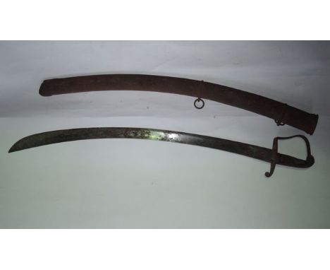 A heavy antique cavalry sword with curved blade, iron hand guard and remnants of original timber handle, 95 cm long approx co