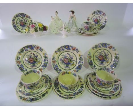 A Royal Doulton figure My Love HN2339 together with a Royal Worcester figure Hannah, two Royal Doulton floral posies and a co