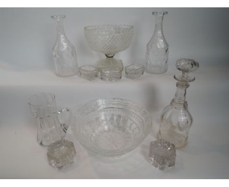 A selection of clear glassware to include a large pedestal bowl with hob cut decoration set beneath a pointed rim border and 