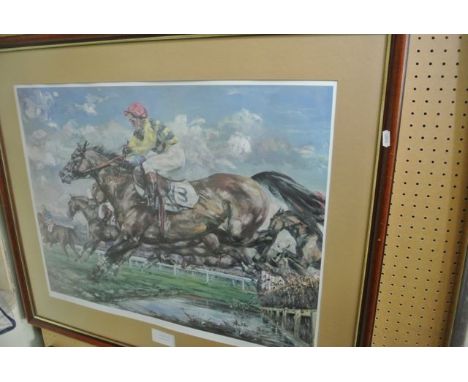 A signed limited edition coloured print after Claire Eva Burton of a horse and racing scene, signed bottom right, edition 728