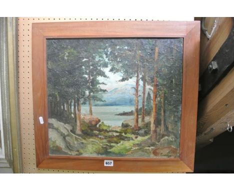 An oil painting on canvas board of a forest scene with distant lake and mountain, signed bottom right R Erdelye, 40 x 45 cm i