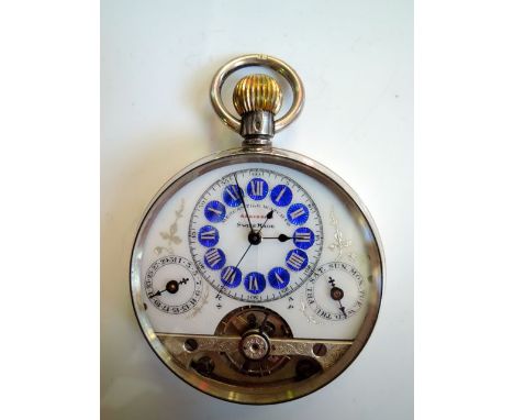 A Swiss made sterling silver Hebdomas style visible balance pocket watch, the round white enamel dial with blue guilloché ena