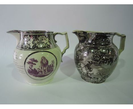 An early 19th century Pearlware type jug with silver lustred fruiting vine border, with two purple printed panels representin