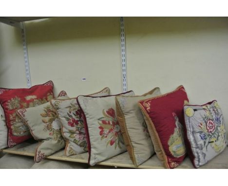 Eight hand worked tapestry cushions in the Victorian style with floral and landscape detail