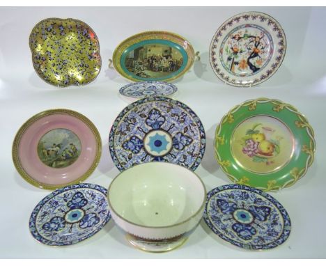 A collection of 19th century ceramics including a bowl in the Sevres manner with reserved floral panels on a blue and gilt gr