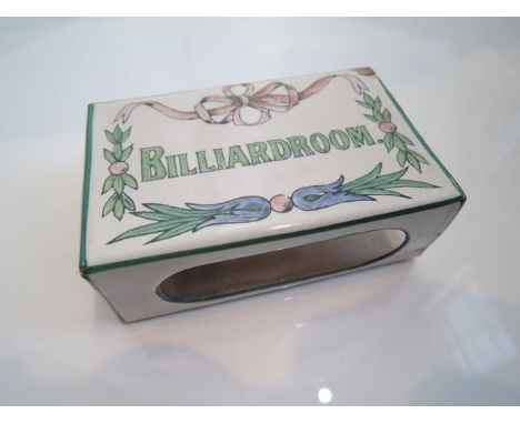 An Edwardian enamel matchbox case with hand painted floral and ribbon detail -and inscribed Billiard Room 3" max