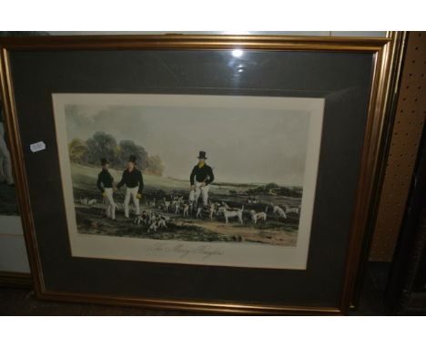 A coloured engraving showing a 19th century beagling scene - The Merry Beaglers, engraved by J Harris after H Hall, 47 x 64 c