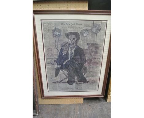 An unusual printed portrait of Groucho Marx seated and holding a cigar, superimposed against a montage of related press cutti