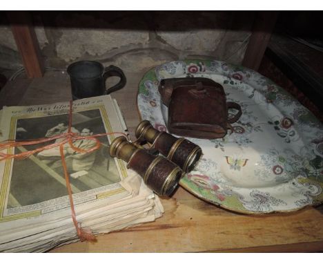 A large 19th Century meat platter with printed and infilled floral detail, a pair of vintage binoculars with crocodile skin m