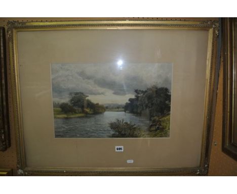 A late 19th century watercolour of a river scene on a cloudy day with young woman seated on the bank, signed bottom right R P