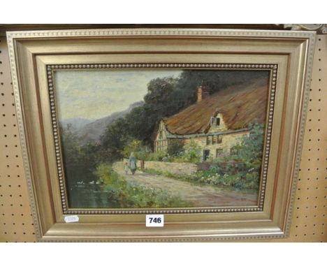 A late 19th century oil painting on canvas of a country landscape with woman and child walking besides a thatched cottage alo