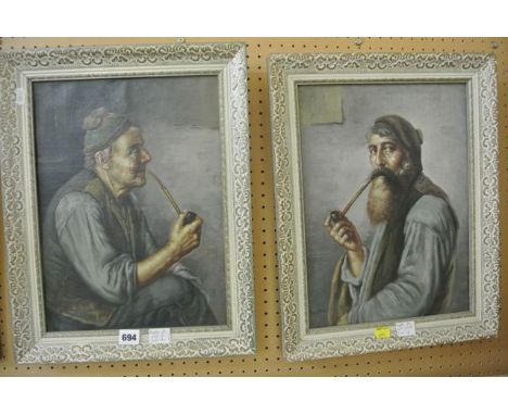 A pair of  20th century continental oil paintings on canvas, half length portraits of male figures both smoking pipes, indist